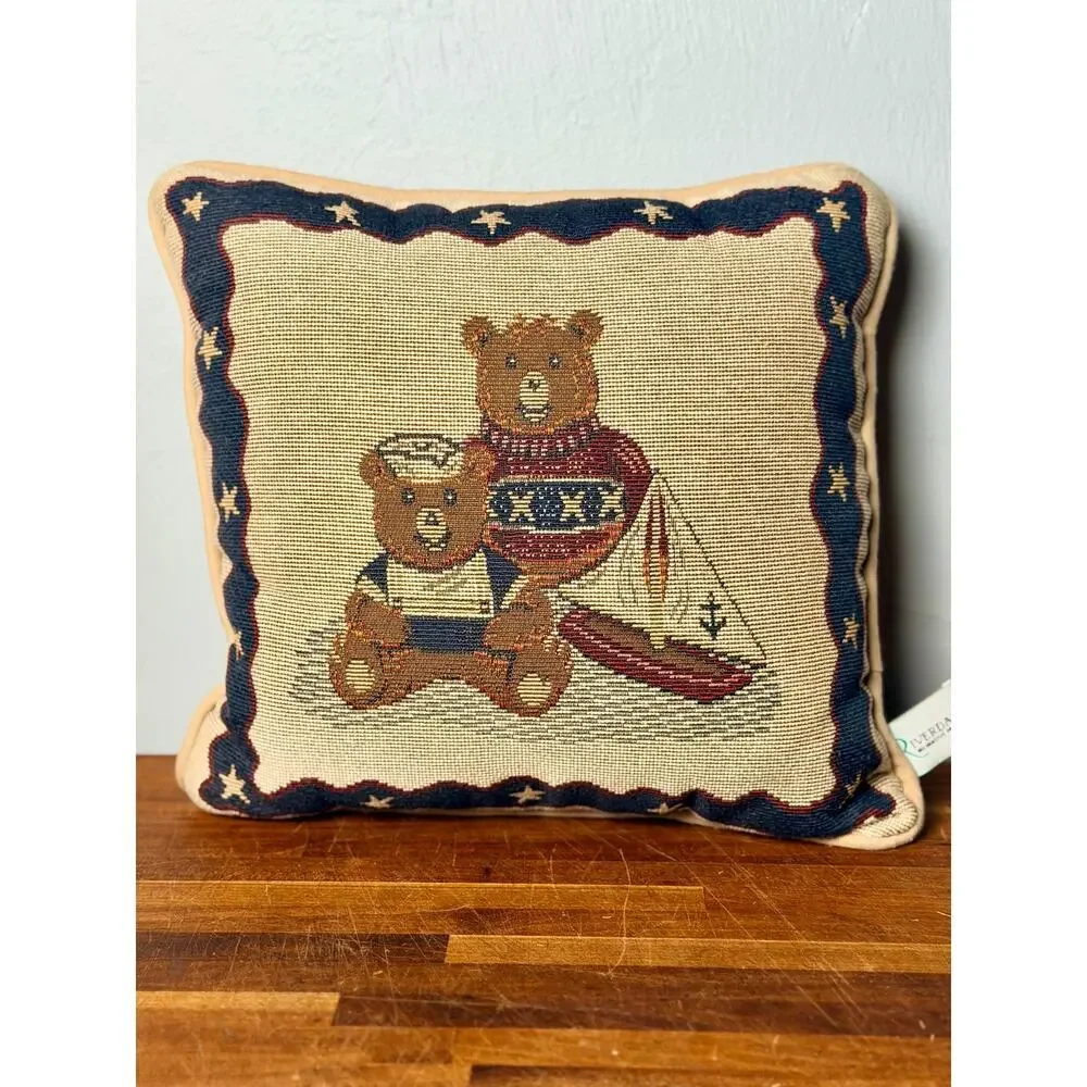 Vintage Riverdale Teddy Bear Tapestry Pillow Nautical Sailboat Americana Coastal
